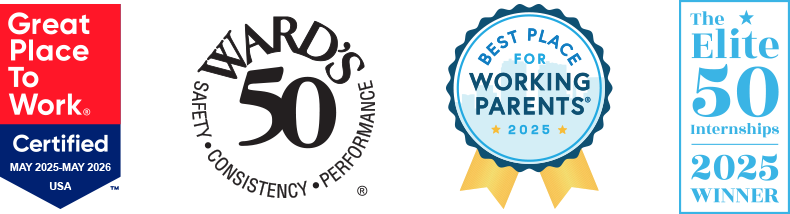 awards and designations for Merchants Bonding Company including Great Place to Work, Ward's 50, Best Place for Working Parents, and The Rise ELITE 50 Internships
